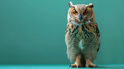 Fotobehang Majestic Owl Standing on a Wooden Floor with Brown Eyes © vanilnilnilla