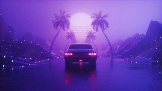 Dark Foggy Landscape with Riding Car SynthWave Background Loop