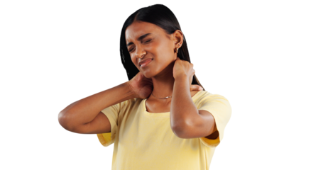 Indian woman, neck pain and spine injury with healthcare, medical emergency and fibromyalgia on png transparent background. Agony, hurt and sick with muscle tension, pressure and inflammation