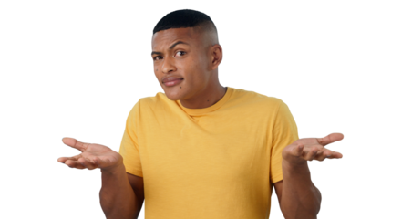 Confused, shrug and portrait of man in studio with why hands on isolated, transparent or png background. Doubt, questions and face of male model with palm scale choice, unsure or asking body language