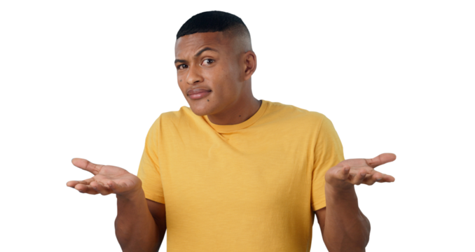 Confused, shrug and portrait of man in studio with why hands on isolated, transparent or png background. Doubt, questions and face of male model with palm scale choice, unsure or asking body language