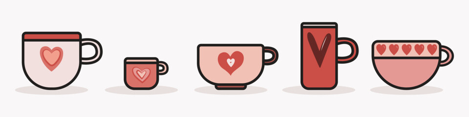 Set of cute coffee and tea cups and mugs in pink and red color palette