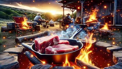 Generative AI illustration of fresh raw pieces of meat placed on pan near bonfire at campsite