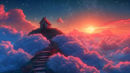 Whimsical House on Clouds with Stairs at Sunset in Vibrant Fantasy Landscape - obrazy, fototapety, plakaty