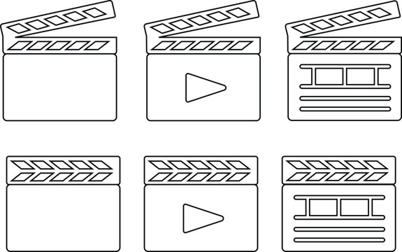Clapperboard icons Set. Movie shooting clapper board vectors. Film cinema or tv clapperboard symbols. cinema action scene cut clap board signs in line styles editable stock on transparent background.