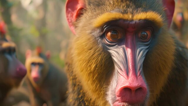 closeup mandrill monkeys in the nature. 4k video animation