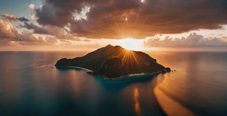 The sun peeks over the crest of an island mountain, over the surrounding sea and clouds. Generative AI.