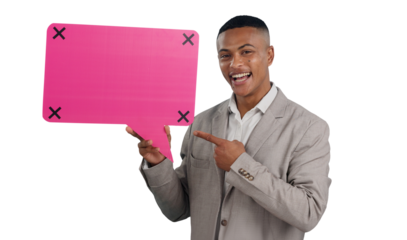 Business man, pointing at speech bubble and communication in portrait for FAQ on png transparent background. Chat, translation or language with corporate dialogue, tracking markers and social media