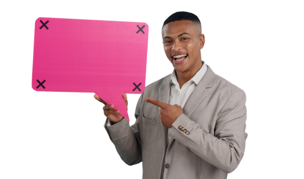 Business man, pointing at speech bubble and communication in portrait for FAQ on png transparent background. Chat, translation or language with corporate dialogue, tracking markers and social media