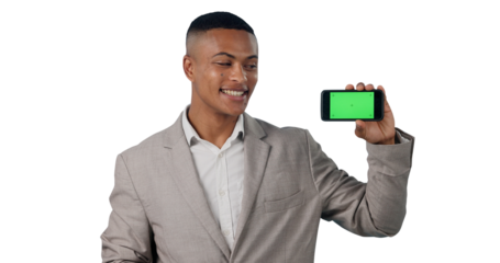 Businessman, cellphone or green screen for marketing of technology or presentation for online advertising. Consultant, promotion or mobile app for connection or isolated on transparent png background
