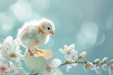 Rolgordijnen Easter chicken on broken eggshell  © PixelCharm