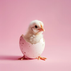 cute little chicken sticking out of a eggshell on a pink background