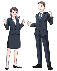 ガッツポーズするスーツ姿の若い男女