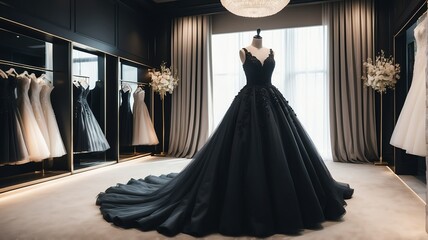 Beautiful black formal dress gown with spotlight in middle of a luxurious bridal shop setting from Generative AI
