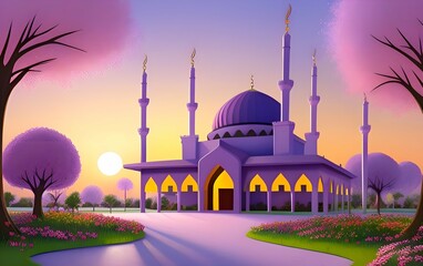 Beautiful and colorful illustration of a mosque with trees, flowers and peaceful sky, amazing, serene, tranquil, vibrant