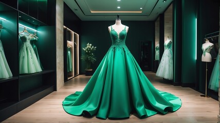 Beautiful green formal dress gown with spotlight in middle of a luxurious bridal shop setting from Generative AI
