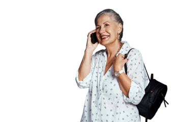 Mature woman, phone call and communication in conversation, talking and speaking on technology. Senior female person, bag and travel in retirement, happy and isolated on transparent png background
