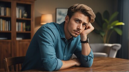Obraz premium Portrait of a handsome young worried caucasian man on a table in the living room background from Generative AI
