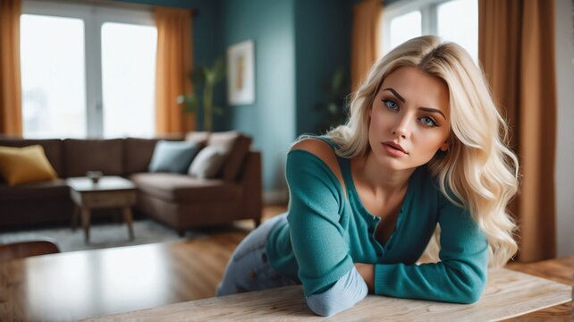 Portrait of a beautiful young worried blonde woman on a table in the living room background from Generative AI