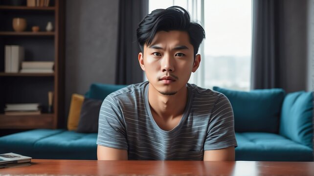 Portrait of a handsome young worried asian man on a table in the living room background from Generative AI