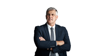 Senior, man with arms crossed and executive thinking, business ideas and future isolated on png transparent background. Inspiration, problem solving and professional brainstorming with corporate CEO
