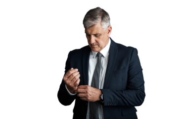 Businessman, confident and executive with professional style, fashion suit and cuffs for corporate career. Senior management, director and formal clothes and isolated on transparent png background