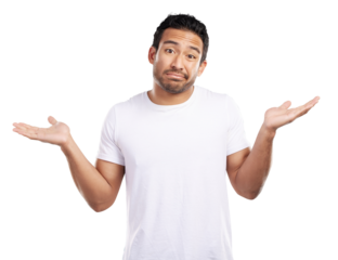 Portrait, man and hands up in confusion, ignorance and isolated transparent png background. Male person, lost and clueless with shrugging shoulders with squinting expression, doubt and frown