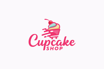 cupcake shop logo with a combination of a cupcake, shopping cart and speed effect