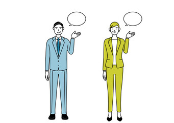 Simple line drawing illustration of businessman and businesswoman (senior, executive, manager) in a suit giving directions, with a wipeout.