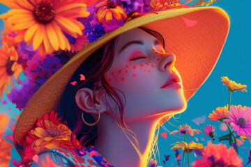 Beautiful woman wearing a hat decorated with flowers Schöne Frau, die einen mit Blumen geschmückten Hut trägt 花で飾られた帽子をかぶる美しい女性