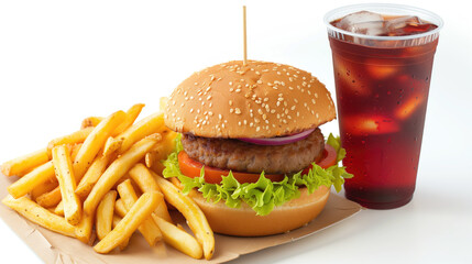 Classic Hamburger French Fries and Soda with Ice To Go, Tasty Fresh Fast Food, Delicious Culinary Menu Objects