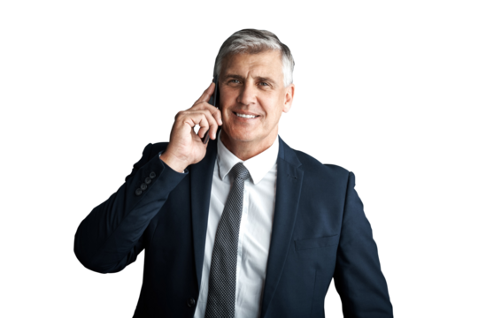 Senior, man and business with phone call and portrait, deal negotiation and CEO isolated on png transparent background. Communication, corporate contact and chat on mobile for company with smile