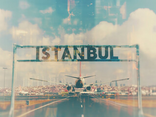 Plane landing with "ISTANBUL" road sign at the foreground, commercial airplane arrival, travel Asia	