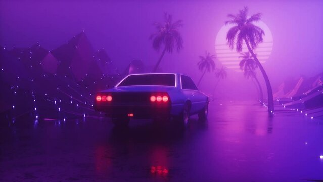 Backdrop of Glowing Foggy Road with Landscape and Riding car