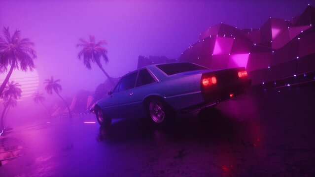 RetroWave Riding Car at Foggy Landscape SynthWave Style Background Loop