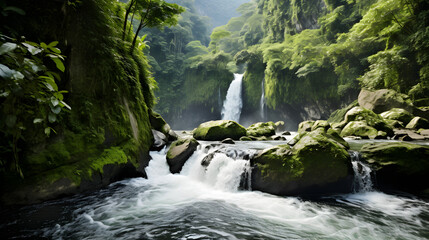 a waterfall flowing into a lush green forest filled with boulders
