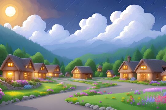 Beautiful and colorful illustration of a village with trees, flowers and peaceful sky, landscape, countryside, serene, tranquil, vibrant