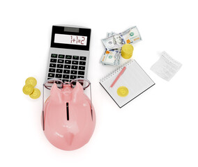 3d rendering of cute piggy bank with money, notebook and calculator isolated on white background