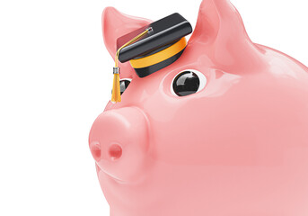3d render of cute pink piggy bank with graduation hat on a white background