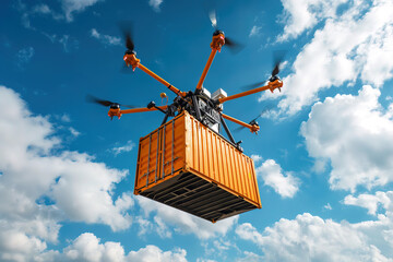Drone transportation technology used for cargo containers logistic worldwide shipping, UAV aircraft delivering of commercial freight industry