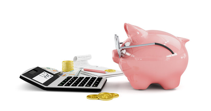 3d rendering of cute piggy bank with money, notebook and calculator isolated on white background