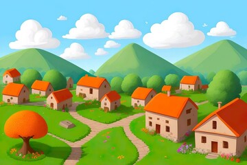 Obraz na płótnie Canvas Beautiful and colorful illustration of a village with trees, flowers and peaceful sky, landscape, countryside, serene, tranquil, vibrant