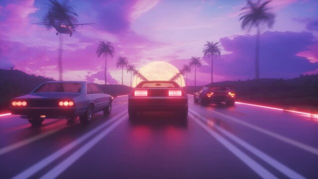 Driving Cars at Sunset Time SynthWave Style Backdrop Loop