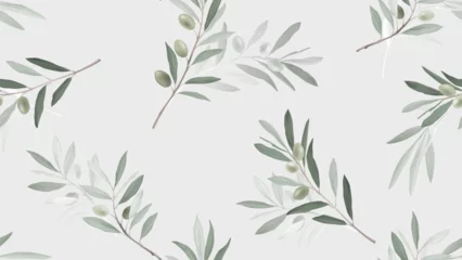 Selbstklebende Fototapeten Seamless pattern, olive leaf branch on bright green background © momosama