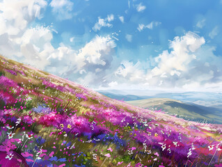 purple flowers field in the mountains, watercolor style