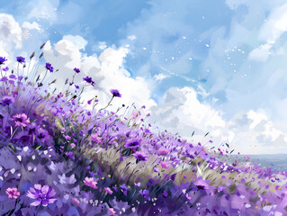 purple flowers field in the mountains, watercolor style