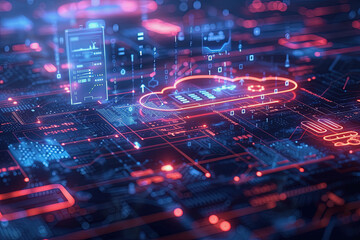 Cyber security cloud, detailed interfaces, dark background. AI Generated