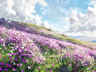 purple flowers field in the mountains, watercolor style