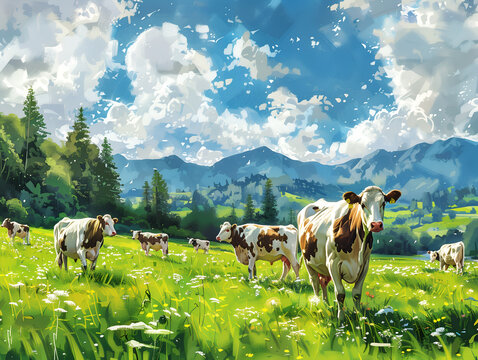 
Dairy cows are grazing in the bright green field.