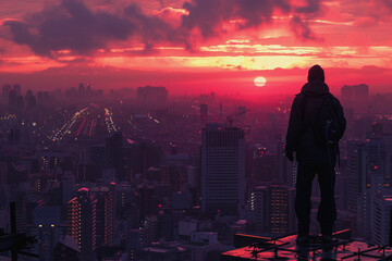 Silhouette of engineer inspecting construction building in the evening at sunset. AI Generated